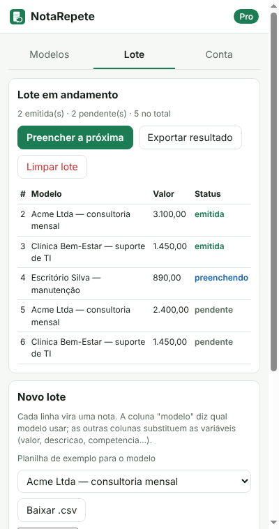 Lote de notas em andamento, com status de cada uma.