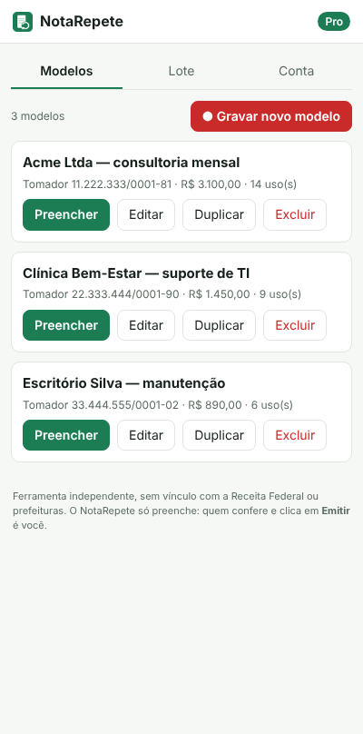 Lista de modelos de nota, um por cliente.