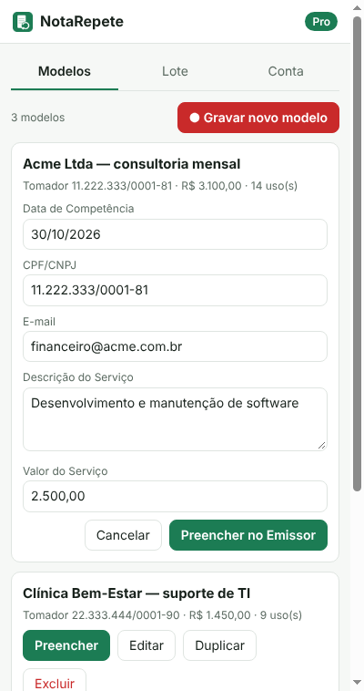 Painel do NotaRepete com os campos variáveis de um modelo: data de competência, CPF/CNPJ, e-mail, descrição e valor do serviço.